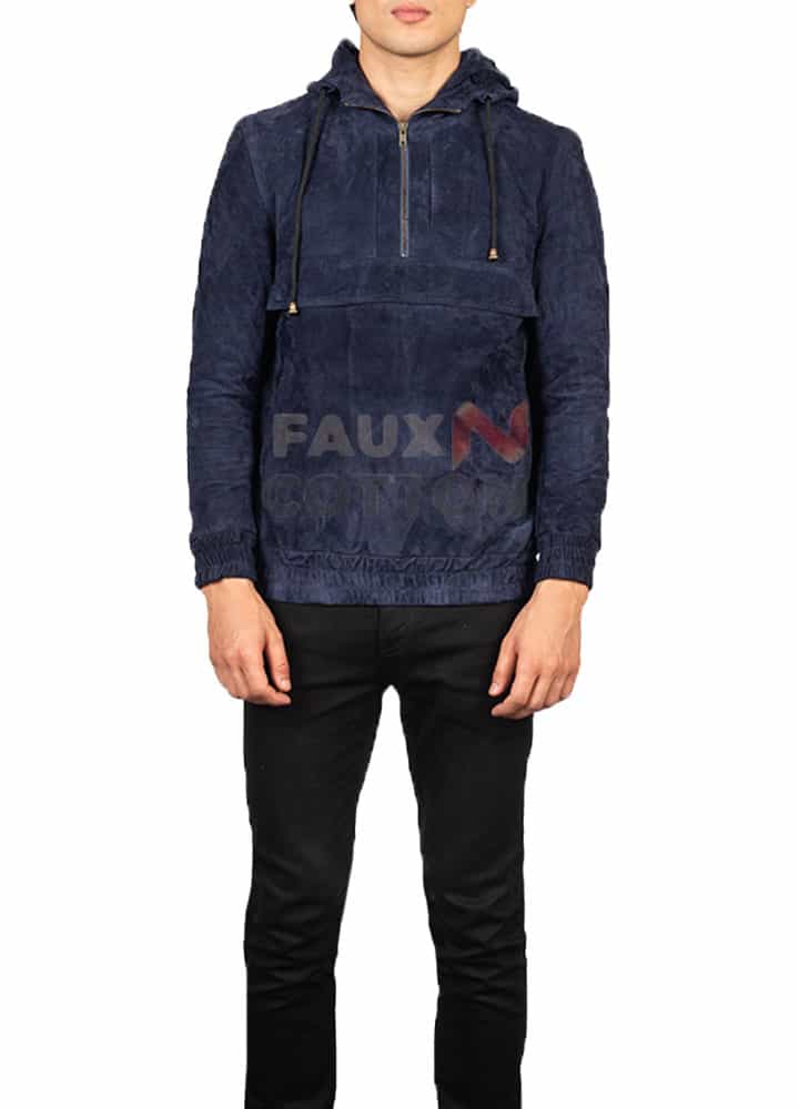 Kenton Hooded Blue Suede Leather Pullover Jacket
